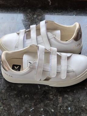 Veja White Leather Velcro Sneakers with Metallic Gold Heel Tab